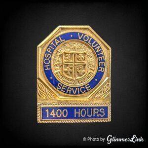 Vintage Hospital Volunteer Service Pin Blue Enamel Gold Tone 1400 Hours Award